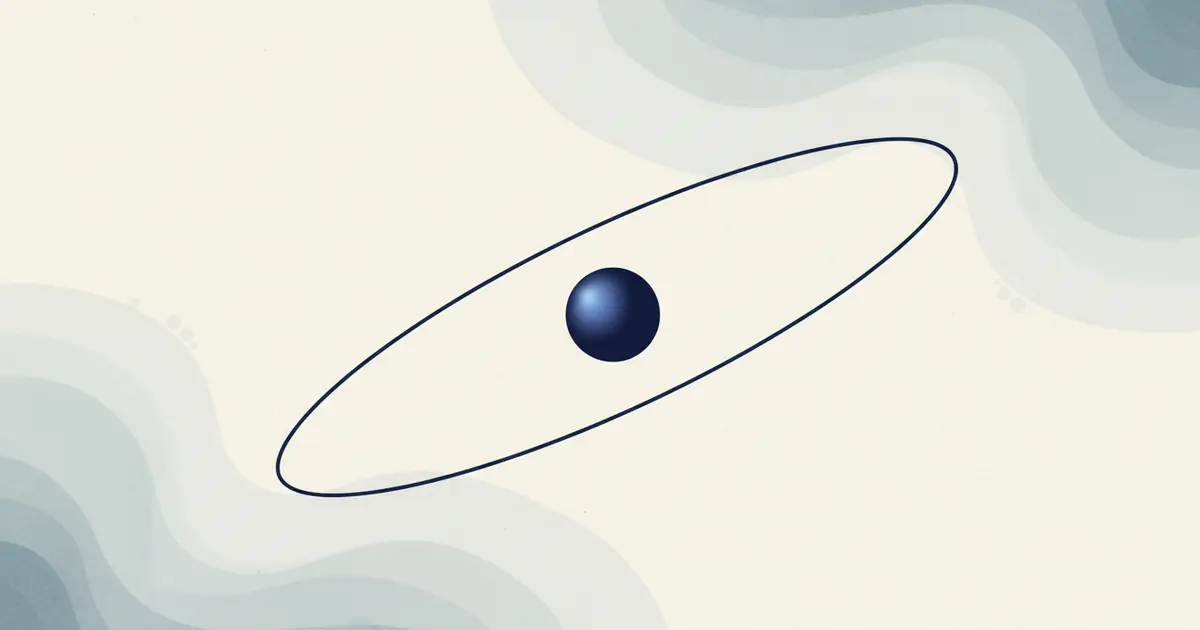 Editorial illustration of Mercury on a thin orbital arc against a calm parchment field